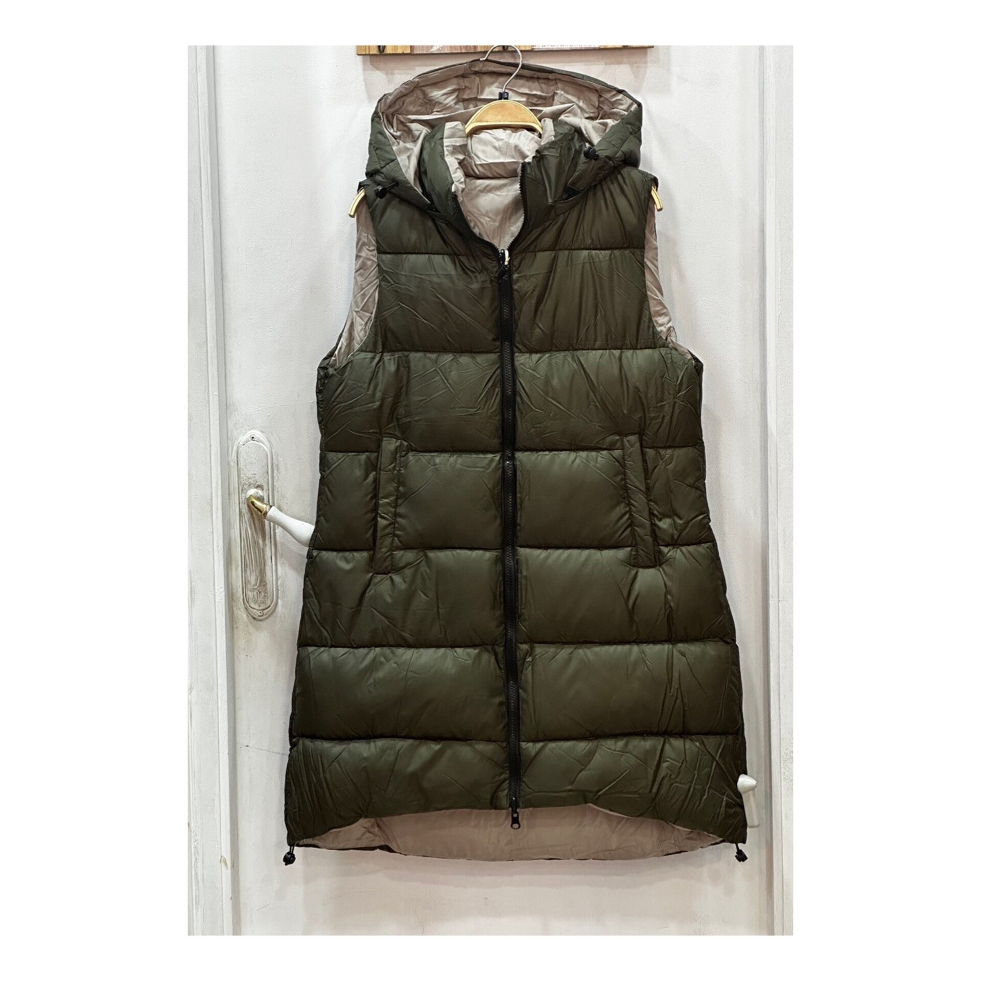 Chaleco largo reversible caqui beis - 3